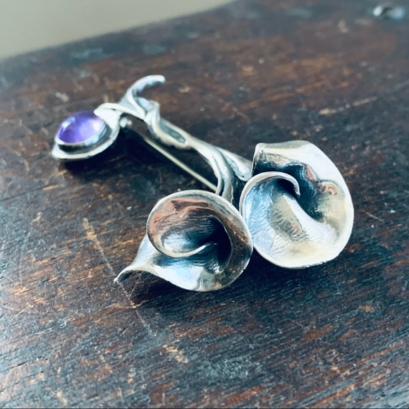 Vintage Sterling Silver Amethyst Calla Lily Floral Pin Brooch - Picture 2 of 13